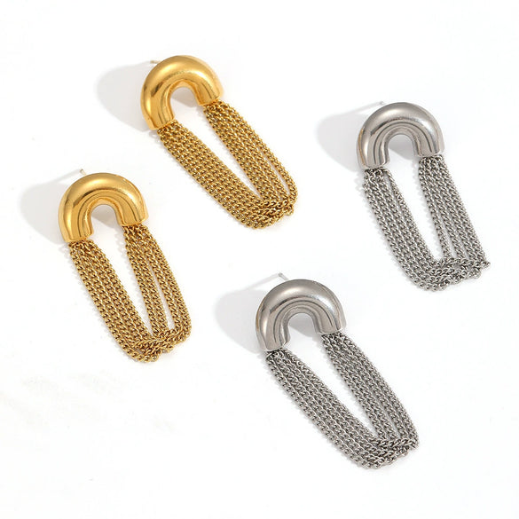 Women's Fashion Highend Tassel Chain Earrings Stainless Steel Ushaped Geometric 18K Goldplated