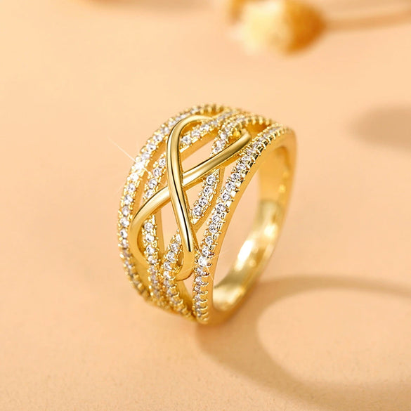 Women's Fashion Hollow Three Dimensional Geometric Design Copper Ring With Zircon