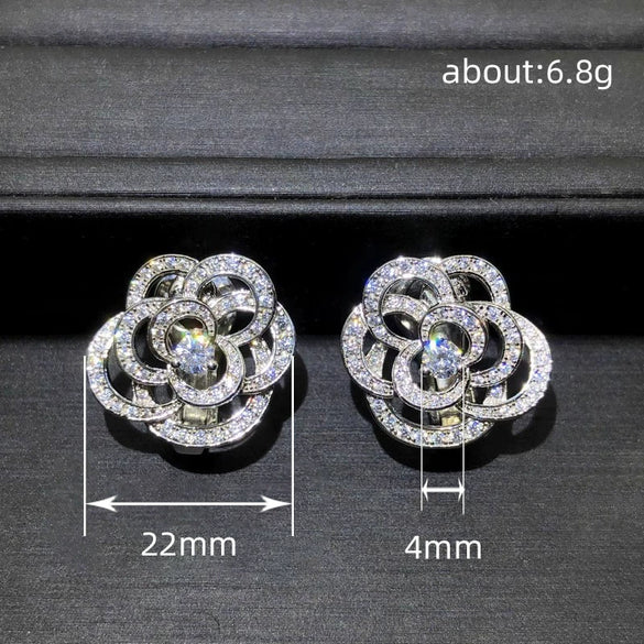 Women's Fashion Jewelry Copper Ring And Earrings With Camellia Pattern And Zirconia Design
