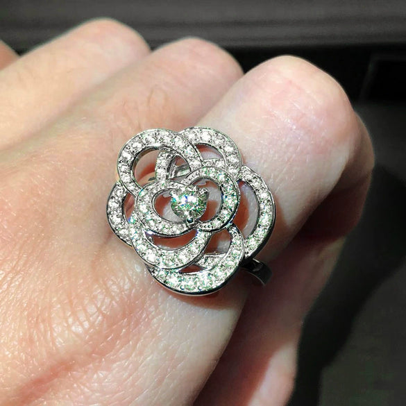 Women's Fashion Jewelry Copper Ring And Earrings With Camellia Pattern And Zirconia Design