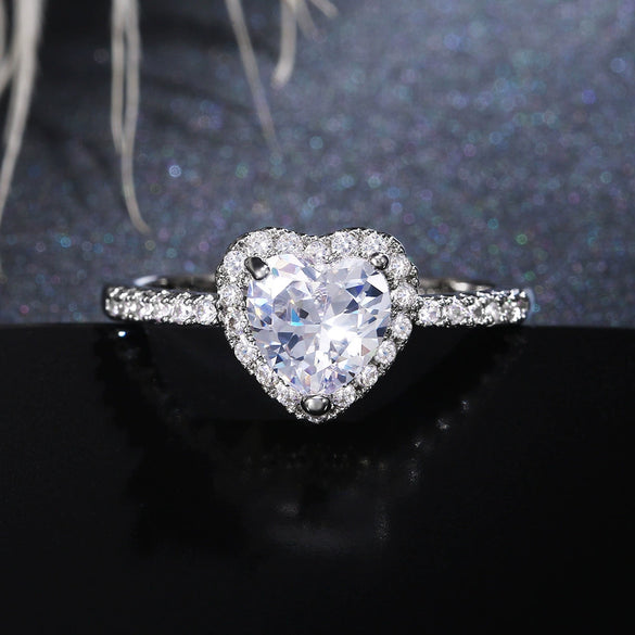 Women's Fashion Jewelry Heartshaped Copper Silver Plated Zircon Diamondencrusted Ring
