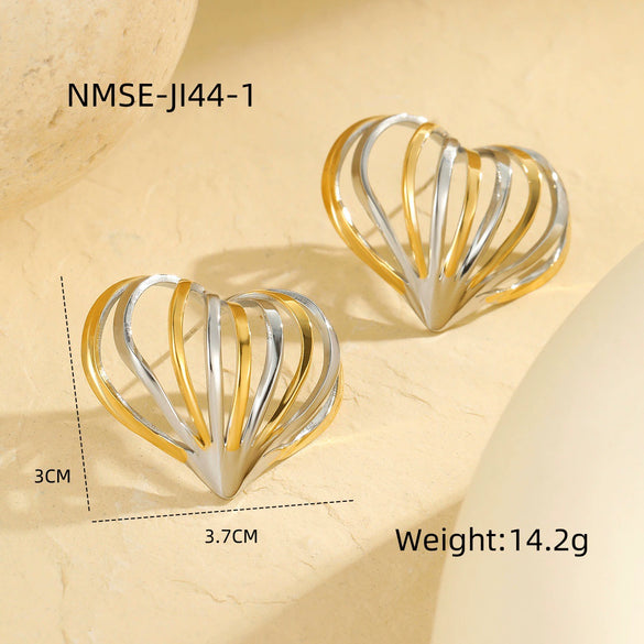 Women's Fashion Jewelry Set With Heart Shape Stainless Steel Rings And Earrings Electroplated