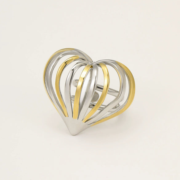 Women's Fashion Jewelry Set With Heart Shape Stainless Steel Rings And Earrings Electroplated