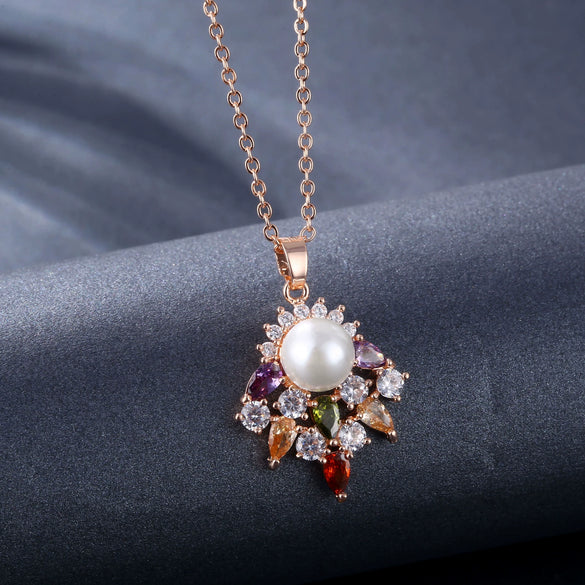 Women's Fashion Jewelry Set With Zircon Pearl Flower Pendant And Rose Gold Plated Environmental Protection Copper Ochain And Diamond Design