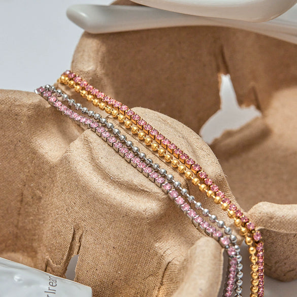 Women's Fashion Jewelry Stainless Steel Geometric Pink Zirconium Bracelet With 18K Gold Electroplating Claw Chain Design