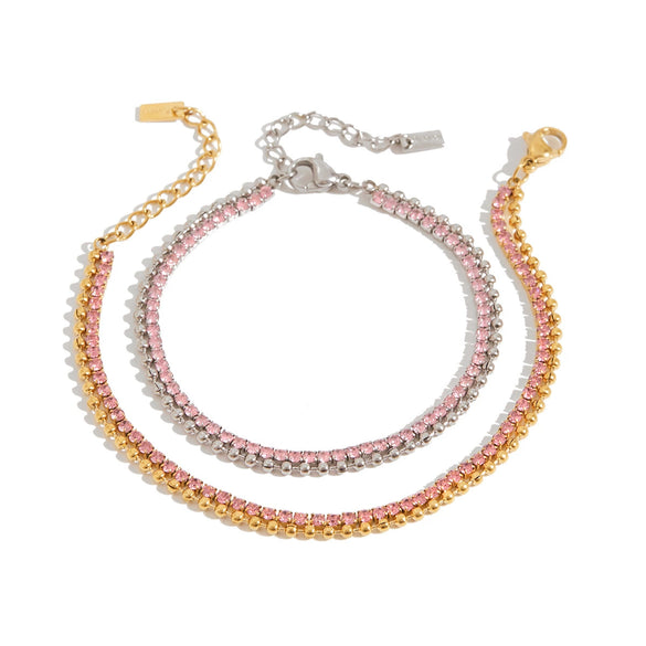 Women's Fashion Jewelry Stainless Steel Geometric Pink Zirconium Bracelet With 18K Gold Electroplating Claw Chain Design