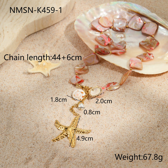 Women's Fashion Jewelry Stainless Steel Geometric Style Shell Clavicle Chain Starfish Coral Set With Electroplating Necklace Earrings Bracelet