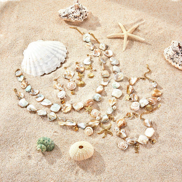 Women's Fashion Jewelry Stainless Steel Geometric Style Shell Clavicle Chain Starfish Coral Set With Electroplating Necklace Earrings Bracelet