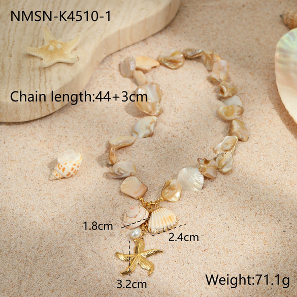 Women's Fashion Jewelry Stainless Steel Geometric Style Shell Clavicle Chain Starfish Coral Set With Electroplating Necklace Earrings Bracelet