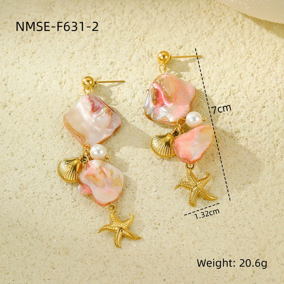 Women's Fashion Jewelry Stainless Steel Geometric Style Shell Clavicle Chain Starfish Coral Set With Electroplating Necklace Earrings Bracelet