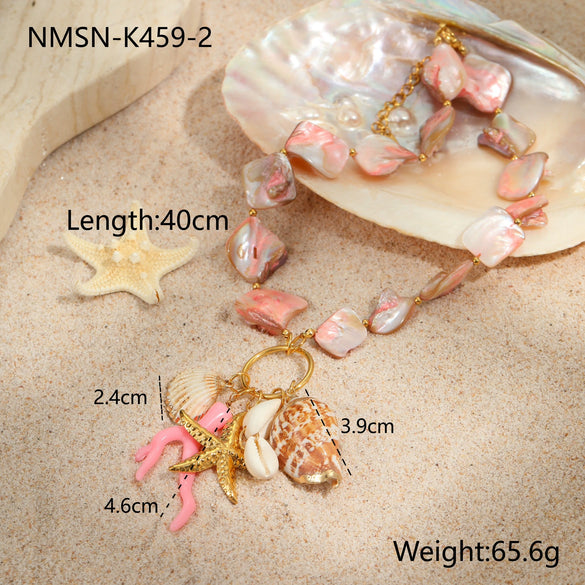 Women's Fashion Jewelry Stainless Steel Geometric Style Shell Clavicle Chain Starfish Coral Set With Electroplating Necklace Earrings Bracelet
