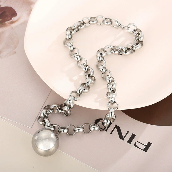 Women's Fashion Jewelry Twopiece Set With Titanium Steel And Pearl Chain And Large Ball Design