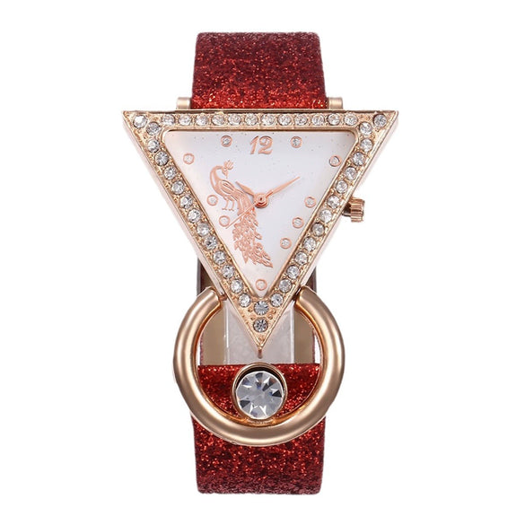Women's Fashion Leather Watch With Inverted Triangle Diamond Set And Alloy Case