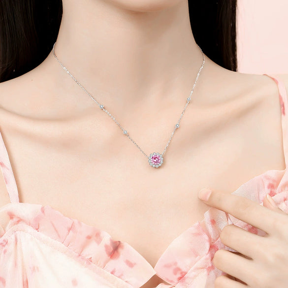 Women's Fashion Light Luxury Silver Round Star Dot Necklace With Pink Zircon And Cross Chain Geometric Design