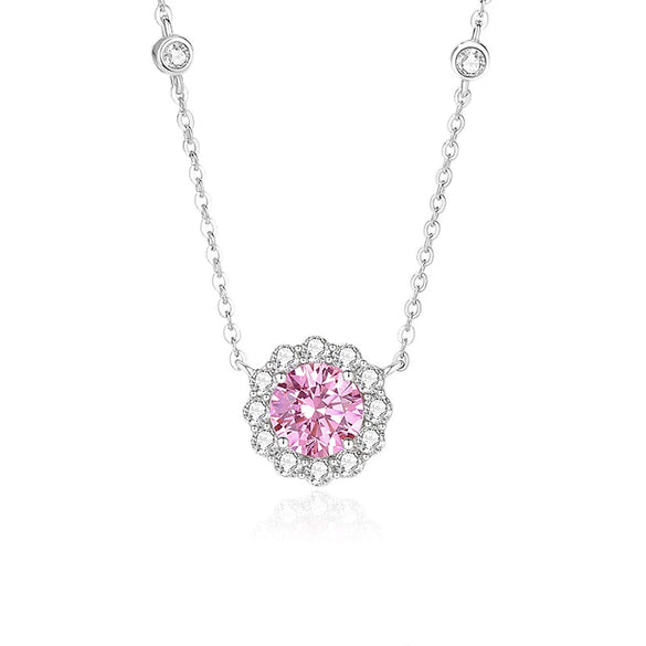 Women's Fashion Light Luxury Silver Round Star Dot Necklace With Pink Zircon And Cross Chain Geometric Design