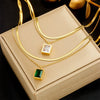 Women's Fashion Light Luxury Simple Stainless Steel Emerald Transparent Square Gemstone Pendant Snake Bone Chain Multilayer Versatile Necklace With Electroplating