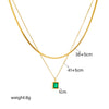 Women's Fashion Light Luxury Simple Stainless Steel Emerald Transparent Square Gemstone Pendant Snake Bone Chain Multilayer Versatile Necklace With Electroplating