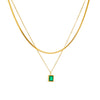 Women's Fashion Light Luxury Simple Stainless Steel Emerald Transparent Square Gemstone Pendant Snake Bone Chain Multilayer Versatile Necklace With Electroplating