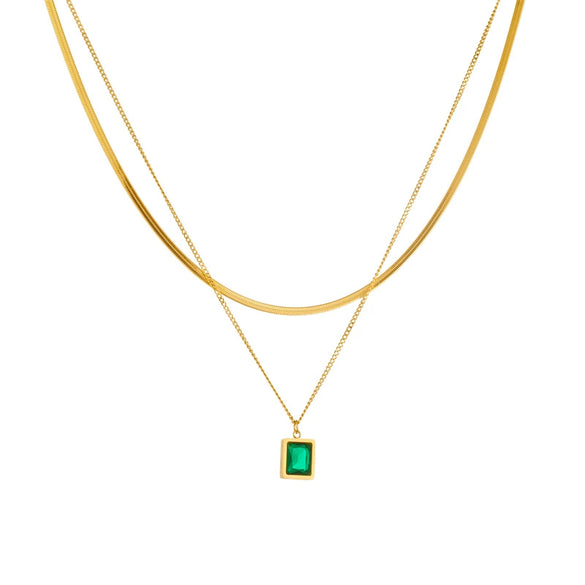 Women's Fashion Light Luxury Simple Stainless Steel Emerald Transparent Square Gemstone Pendant Snake Bone Chain Multilayer Versatile Necklace With Electroplating