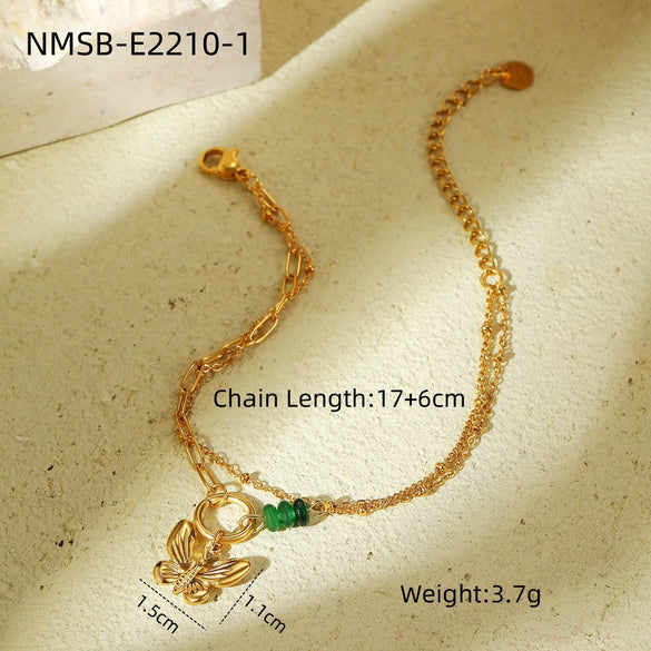 Women's Fashion Light Luxury Stainless Steel Beaded Butterfly Natural Stone Bracelet With Electroplating