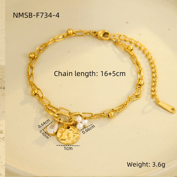 Women's Fashion Light Luxury Titanium Steel And Stainless Steel Bracelet With Water Drop Zircon Pearl Pendant And Electroplating Treatment