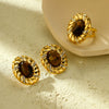 Women's Fashion Light Luxury Titanium Steel Earrings With Oval Tiger Eye Stone And Diamond Electroplated Geometric Design