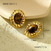 Women's Fashion Light Luxury Titanium Steel Earrings With Oval Tiger Eye Stone And Diamond Electroplated Geometric Design