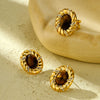 Women's Fashion Light Luxury Titanium Steel Earrings With Oval Tiger Eye Stone And Diamond Electroplated Geometric Design