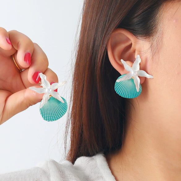 Women's Fashion Marine Style Zinc Alloy Geometric Starfish Shell Imitation Pearl Earrings