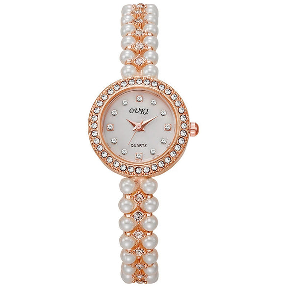 Women's Fashion Metal Alloy Stainless Steel Pearl Chain Round Dial Fritillary Pattern Watch