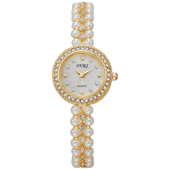 Women's Fashion Metal Alloy Stainless Steel Pearl Chain Round Dial Fritillary Pattern Watch