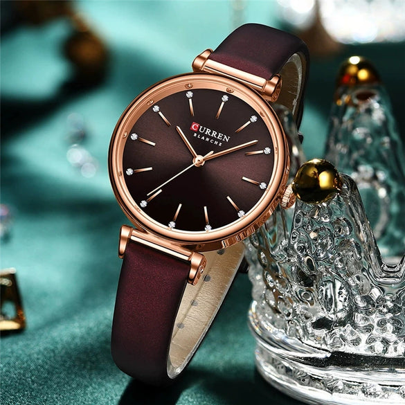 Women's Fashion Metal And Genuine Leather Round Dial Wristwatch With Horseshoe Buckle And Stainless Steel Clasp
