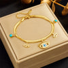 Women's Fashion Metal Bracelet With Turquoise Blue Eye Pendant Double Layer Stacked Chain Titanium Steel Electroplated