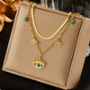 Women's Fashion Metal Bracelet With Turquoise Blue Eye Pendant Double Layer Stacked Chain Titanium Steel Electroplated