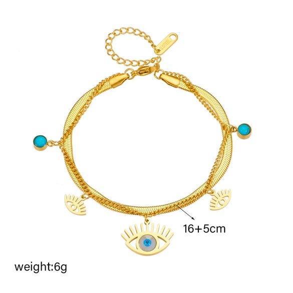 Women's Fashion Metal Bracelet With Turquoise Blue Eye Pendant Double Layer Stacked Chain Titanium Steel Electroplated