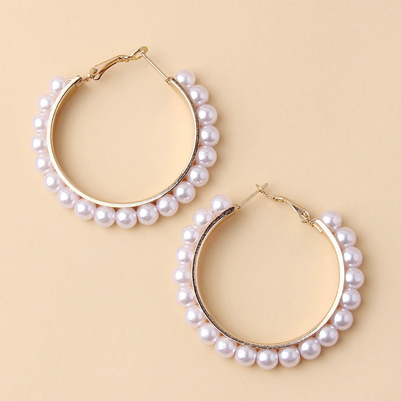 Women's Fashion Metal Pearl Geometric Ring Drop Earrings With Electroplated Finish