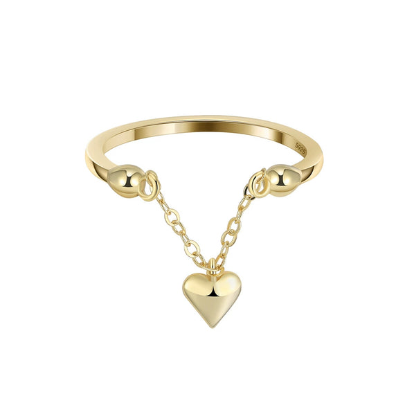 Women's Fashion Minimalist Geometric Heart Shaped S925 Sterling Silver Tassel Chain Adjustable Ring With Electroplating