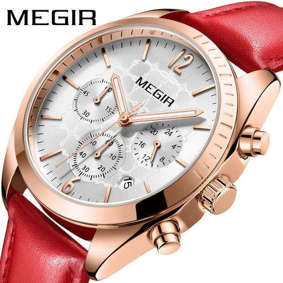 Women's Fashion Multifunction Chronograph Calendar Watch Alloy Case Genuine Leather Strap Round Dial Stainless Steel Clasp
