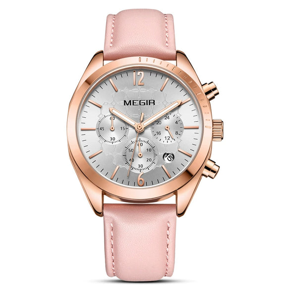 Women's Fashion Multifunction Chronograph Calendar Watch Alloy Case Genuine Leather Strap Round Dial Stainless Steel Clasp