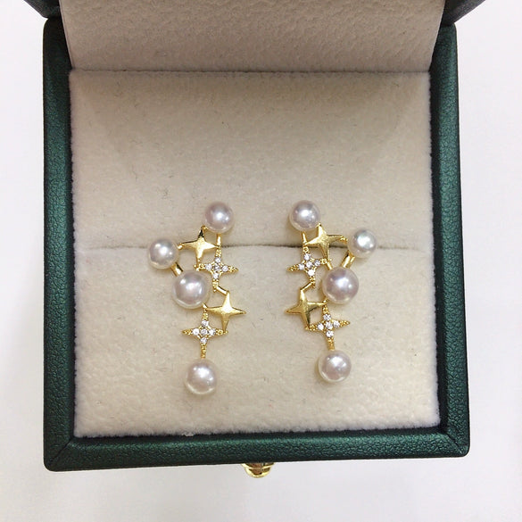 Women's Fashion Natural Freshwater Pearl Earrings With Multibead And Star Design Oblate Shape Alloy Inlaid Artificial Gemstone And Semiprecious Stone