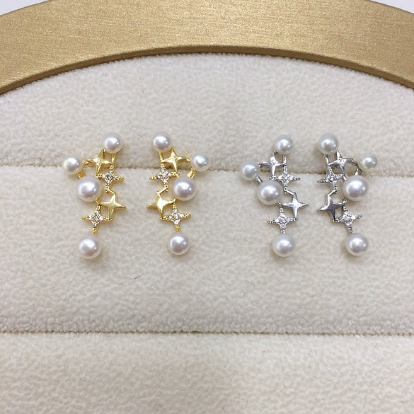 Women's Fashion Natural Freshwater Pearl Earrings With Multibead And Star Design Oblate Shape Alloy Inlaid Artificial Gemstone And Semiprecious Stone