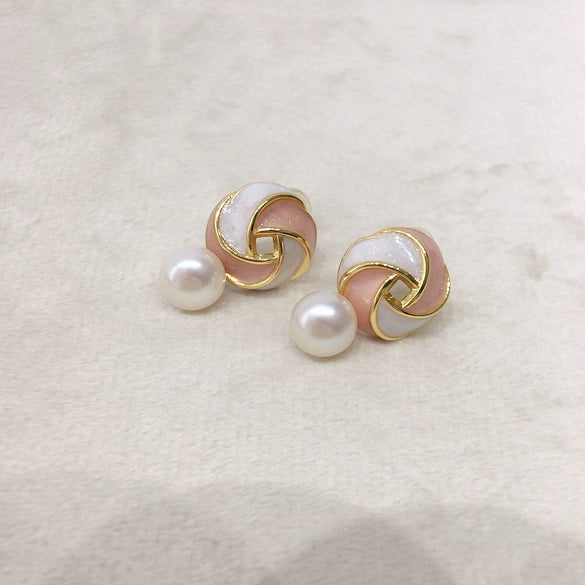 Women's Fashion Natural Freshwater Pearl Round Oblate Pink Windmill Earrings 18K Gold