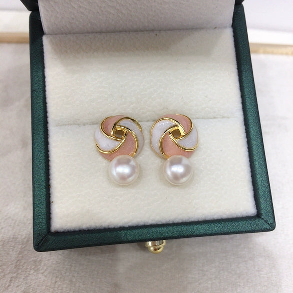Women's Fashion Natural Freshwater Pearl Round Oblate Pink Windmill Earrings 18K Gold