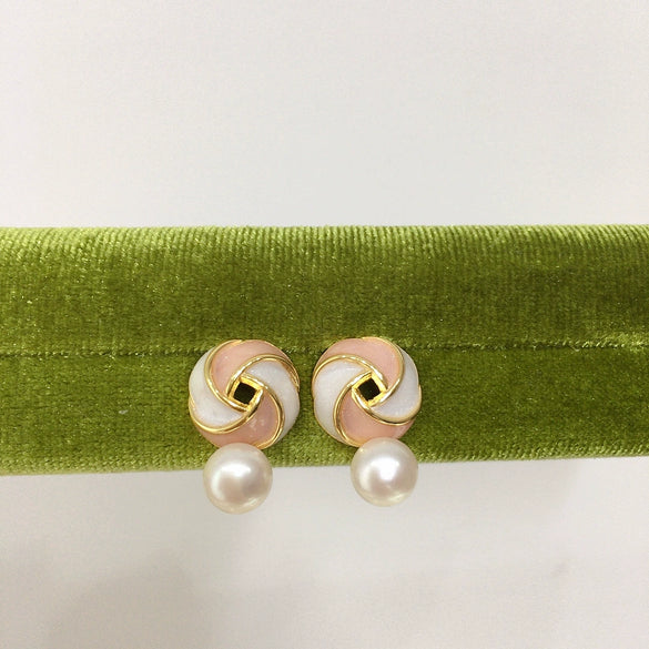 Women's Fashion Natural Freshwater Pearl Round Oblate Pink Windmill Earrings 18K Gold