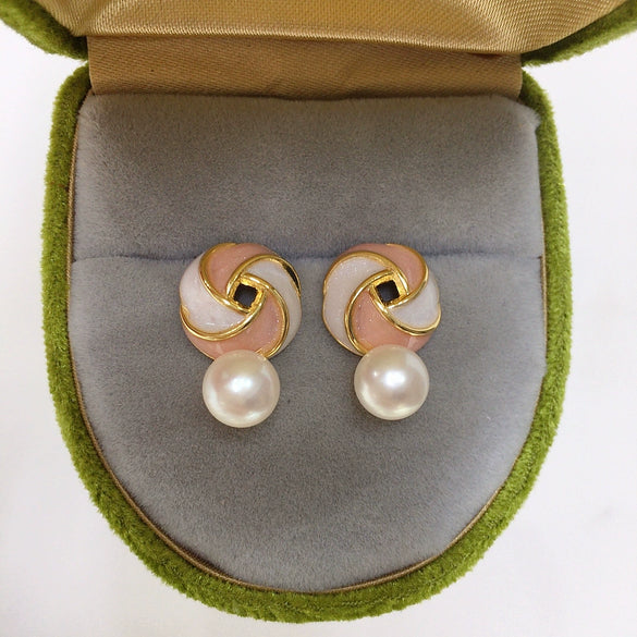Women's Fashion Natural Freshwater Pearl Round Oblate Pink Windmill Earrings 18K Gold