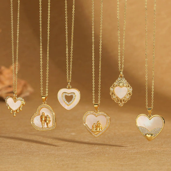 Women's Fashion Niche Heartshaped Motherofpearl Pendant Necklace Copper Electroplating Mixed Gemstone Setting O Word Chain