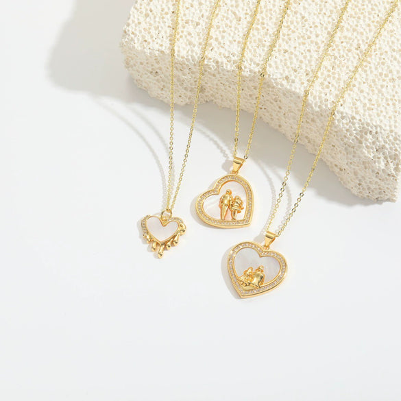 Women's Fashion Niche Heartshaped Motherofpearl Pendant Necklace Copper Electroplating Mixed Gemstone Setting O Word Chain