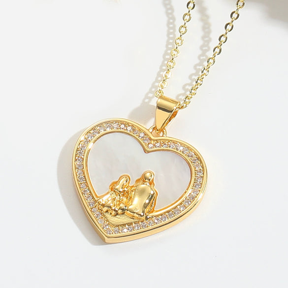 Women's Fashion Niche Heartshaped Motherofpearl Pendant Necklace Copper Electroplating Mixed Gemstone Setting O Word Chain
