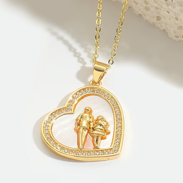 Women's Fashion Niche Heartshaped Motherofpearl Pendant Necklace Copper Electroplating Mixed Gemstone Setting O Word Chain