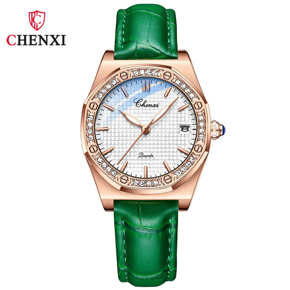 Women's Fashion Octagon Dial Alloy Case Genuine Leather Strap Diamondencrusted Quartz Watch